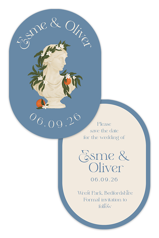 Digital flat lay of the Orangery wedding Save the Date card front and back, showcasing a classical bust illustration, orange blossom motifs, and romantic typesetting.