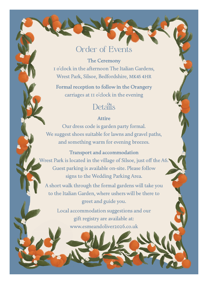 Digital file of the Orangery wedding details card reverse side, showing guest information and an order of events framed by a wavy border of orange leaves and citrus blossoms.