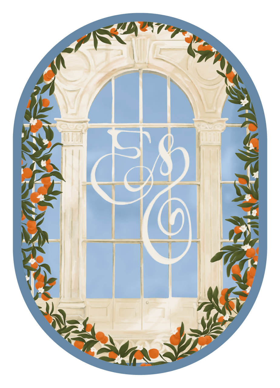 Digital file of the double-arched Orangery wedding invitation front, showing a painterly Victorian glasshouse window framed by orange blossoms and a prominent central custom monogram.