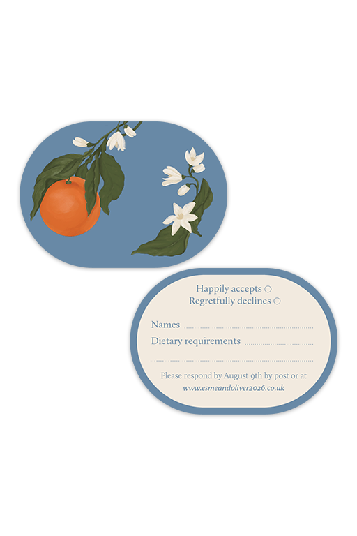 Digital layout of the double-arched Orangery wedding RSVP card front and back, featuring an illustrated citrus orange centerpiece, sky-blue background, and typeset text.