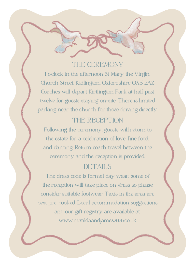 Digital file of the Coquette wedding details card reverse side, featuring typeset guest information framed by a pink wavy ribbon border and two illustrated lovebirds.