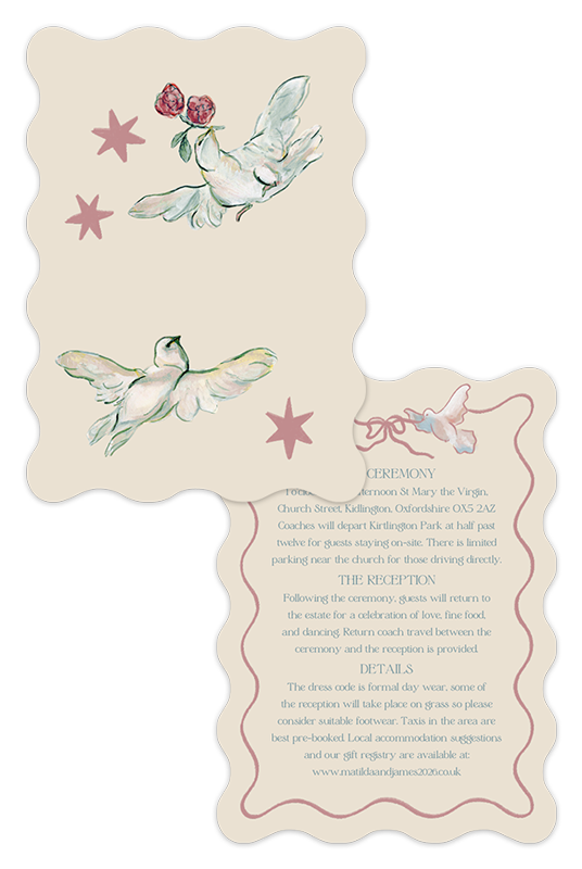 Digital layout of the front and reverse sides of the Coquette wedding details card, highlighting the fairytale-inspired illustrations and typeset ceremony information.