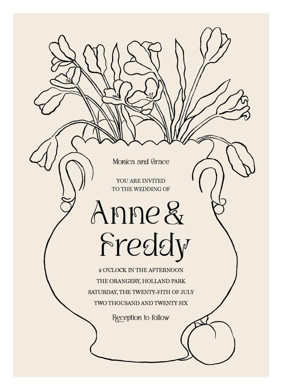 Digital mockup of the Tulips wedding invitation reverse side, showing the formal wedding event details laid out in a bold, clean graphic typography design with an illustrated fruit accent.