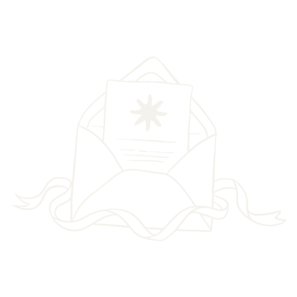 White line illustration of a wedding invitation inside an open envelope with a liner and silk ribbon, representing hand-assembled stationery.