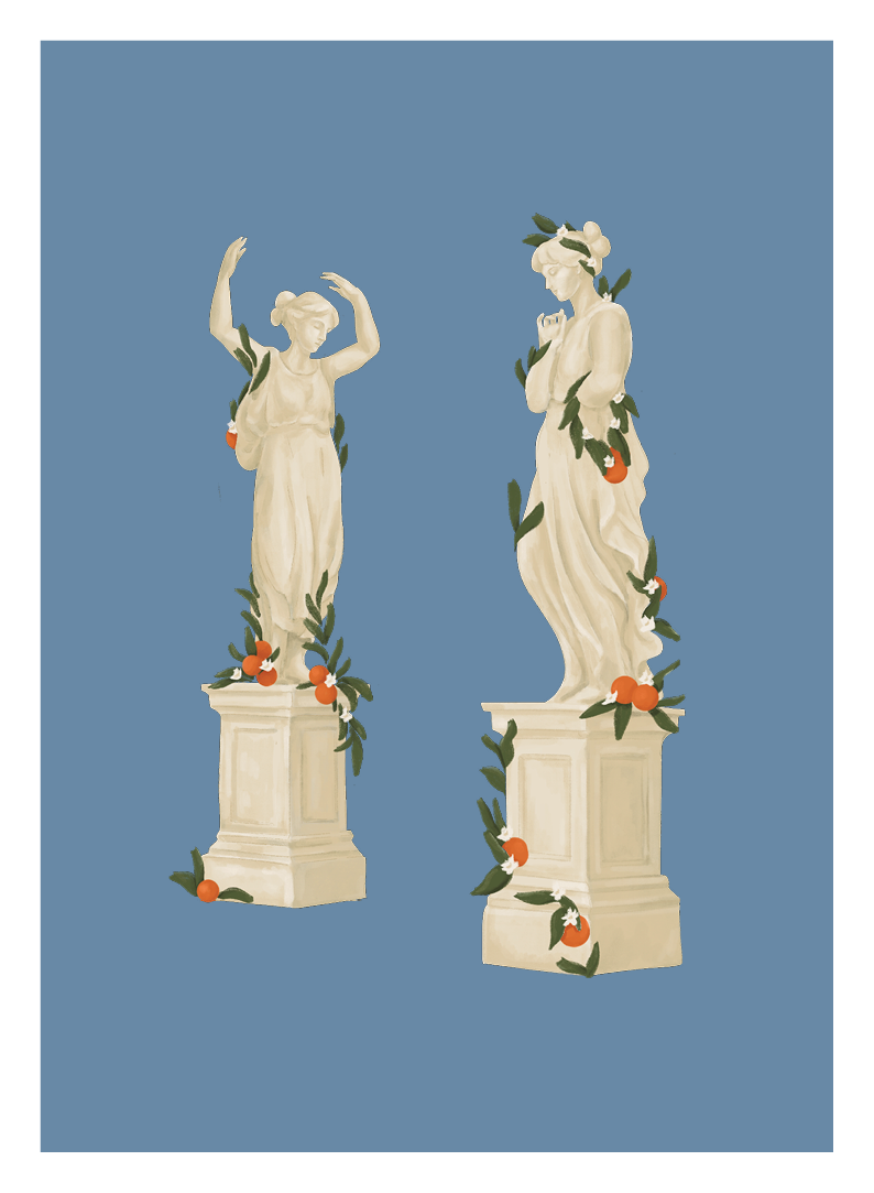 Digital file of the Orangery wedding details card front, showcasing an illustration of two classical statues draped with citrus greenery against a solid sky-blue background.