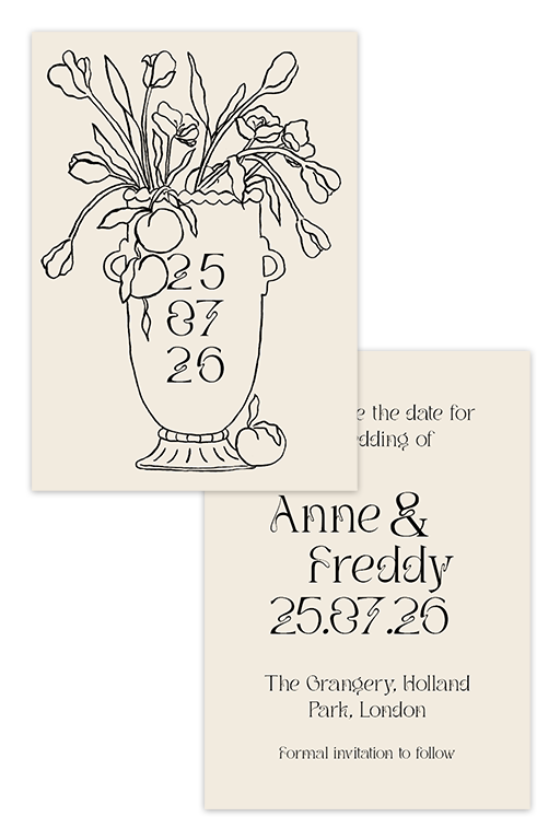 Digital layout of the Tulips wedding Save the Date card front and back, showcasing a sophisticated ink illustration of florals and fruit with a bold graphic typeface.