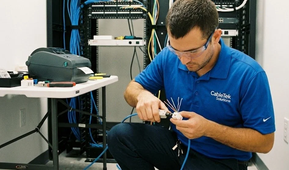 Technician working on networking equipment in a server room, dressed in a blue CableTek Solutions polo shirt, with a table of tools beside him.