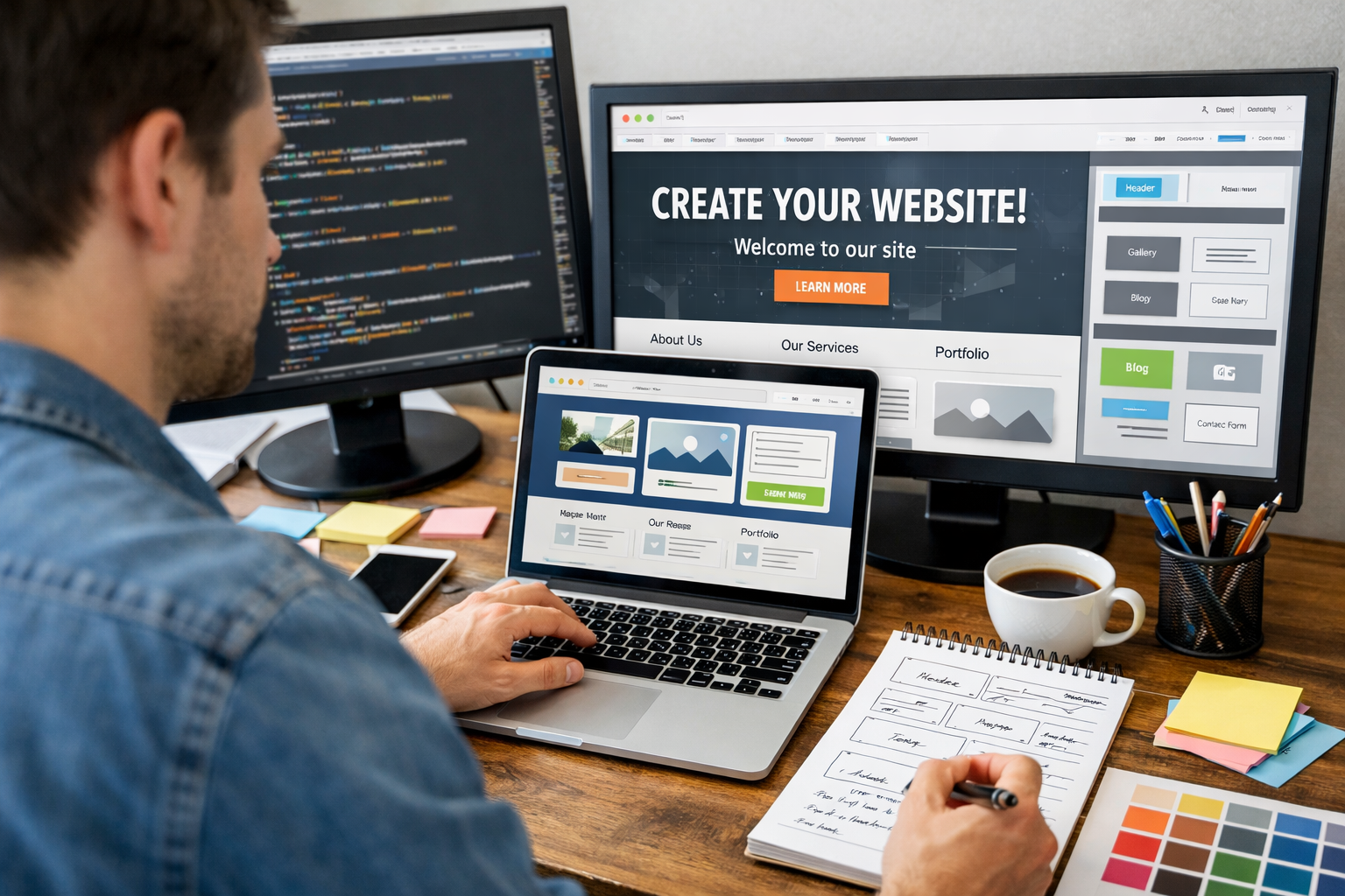 A person working on web design with multiple screens displaying website layout and coding, a cup of coffee, and various stationery items on a wooden desk.