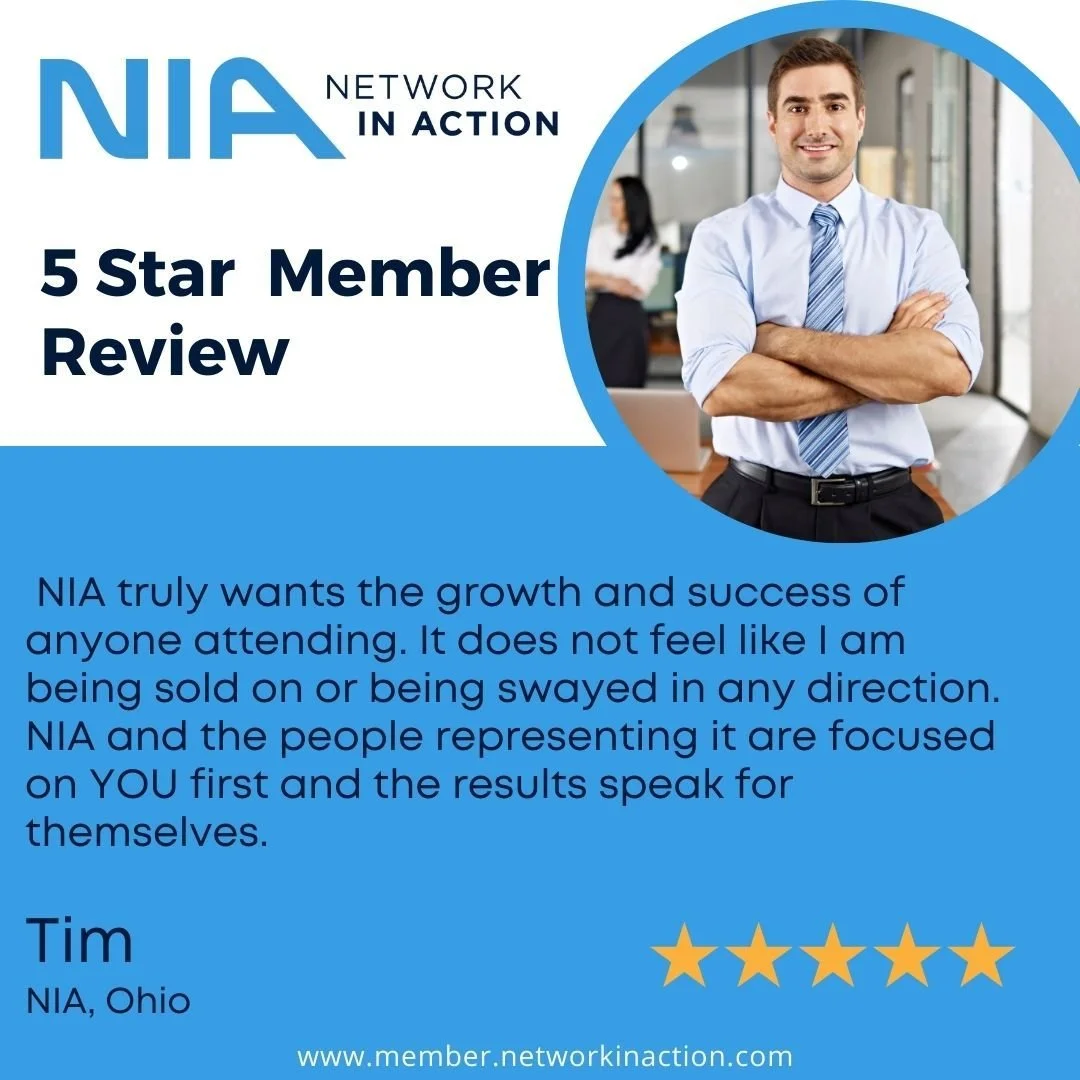 A review card for NIA Network in Action featuring a man in a white shirt with a tie, standing with arms crossed, smiling in an office setting. The card highlights a five-star member review from Tim from Ohio, praising the growth and success focus of NIA.