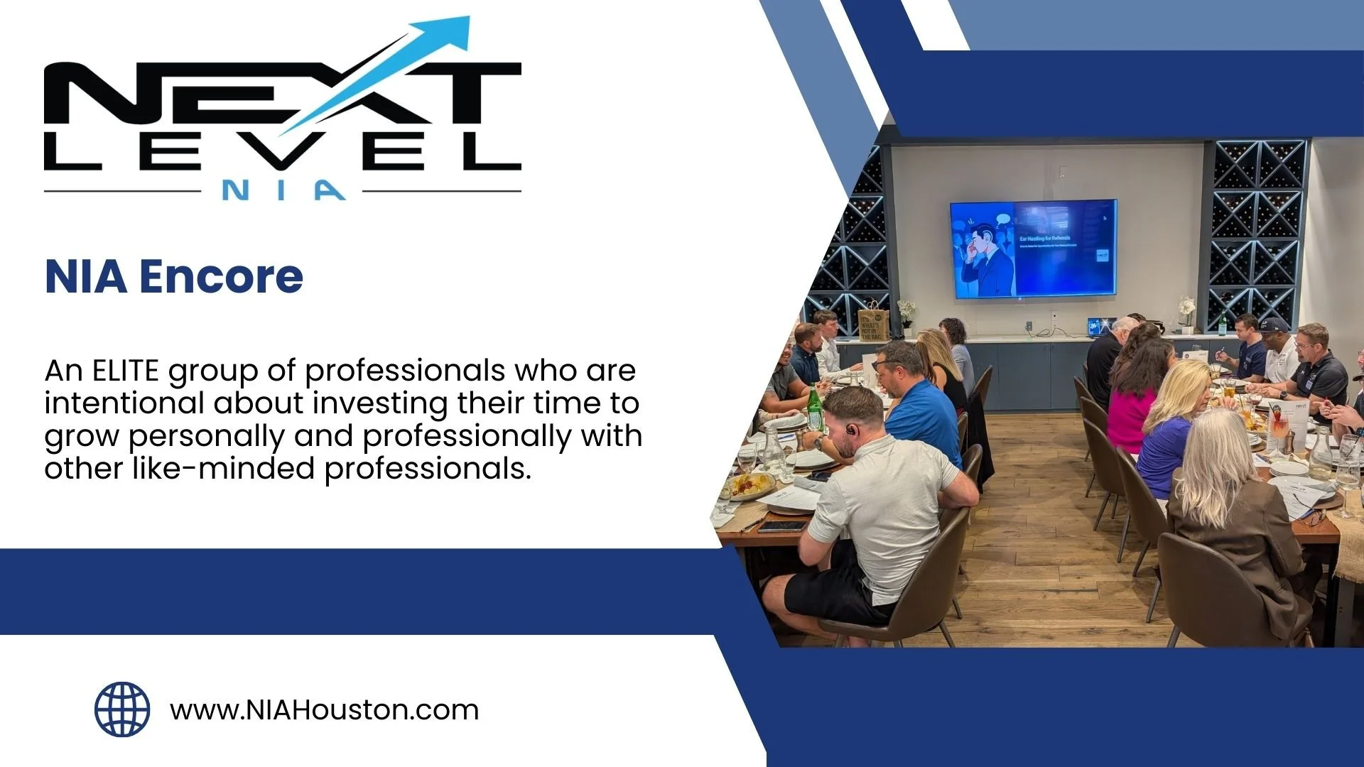 Poster for a monthly networking meeting titled 'Next Level ENCORE.' Features a woman with red hair and a man with glasses, both looking at the camera. Background has blue digital abstract patterns.