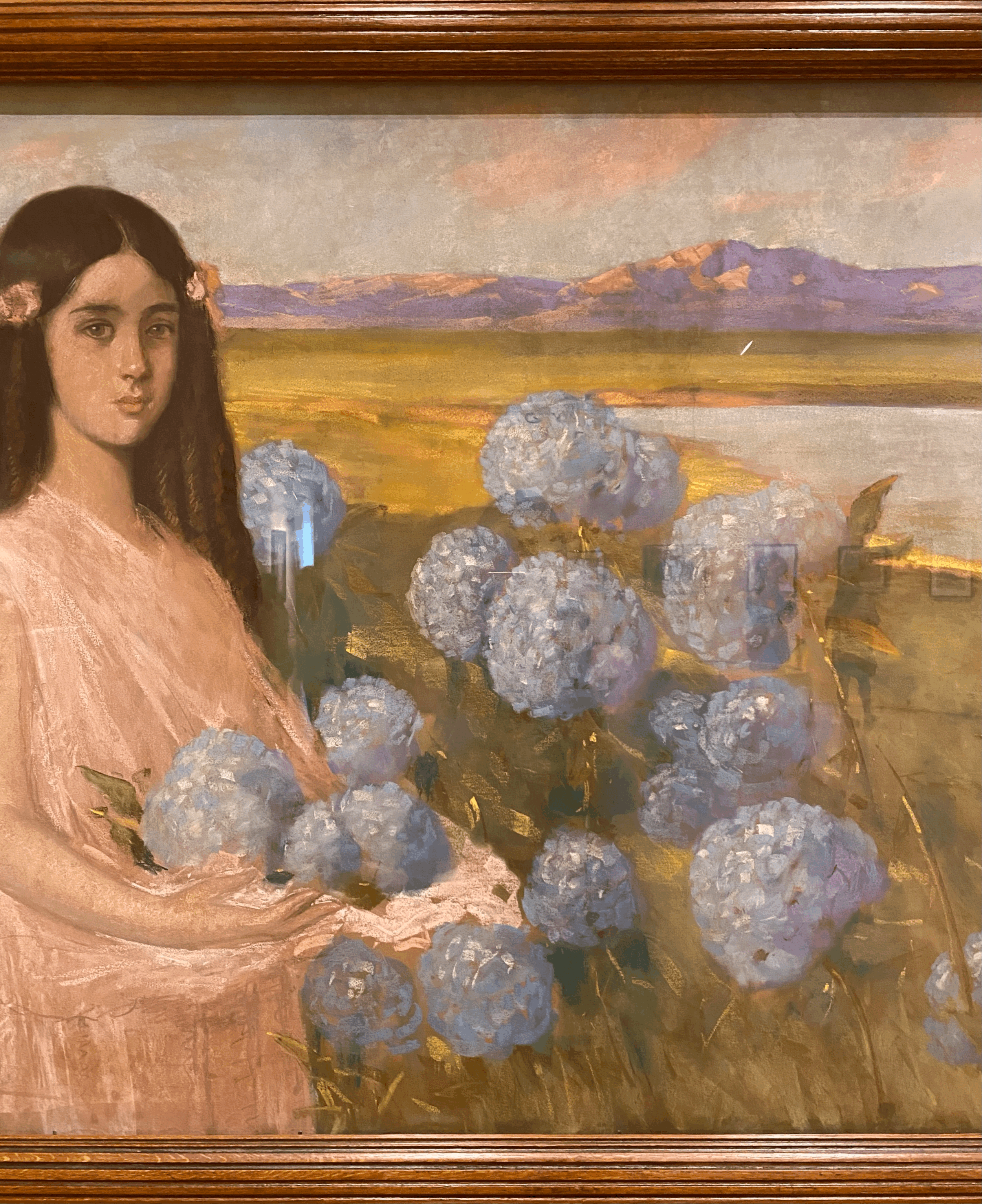 Landscape with young girl and hydrangeas by Alfredo Ramos Martínez