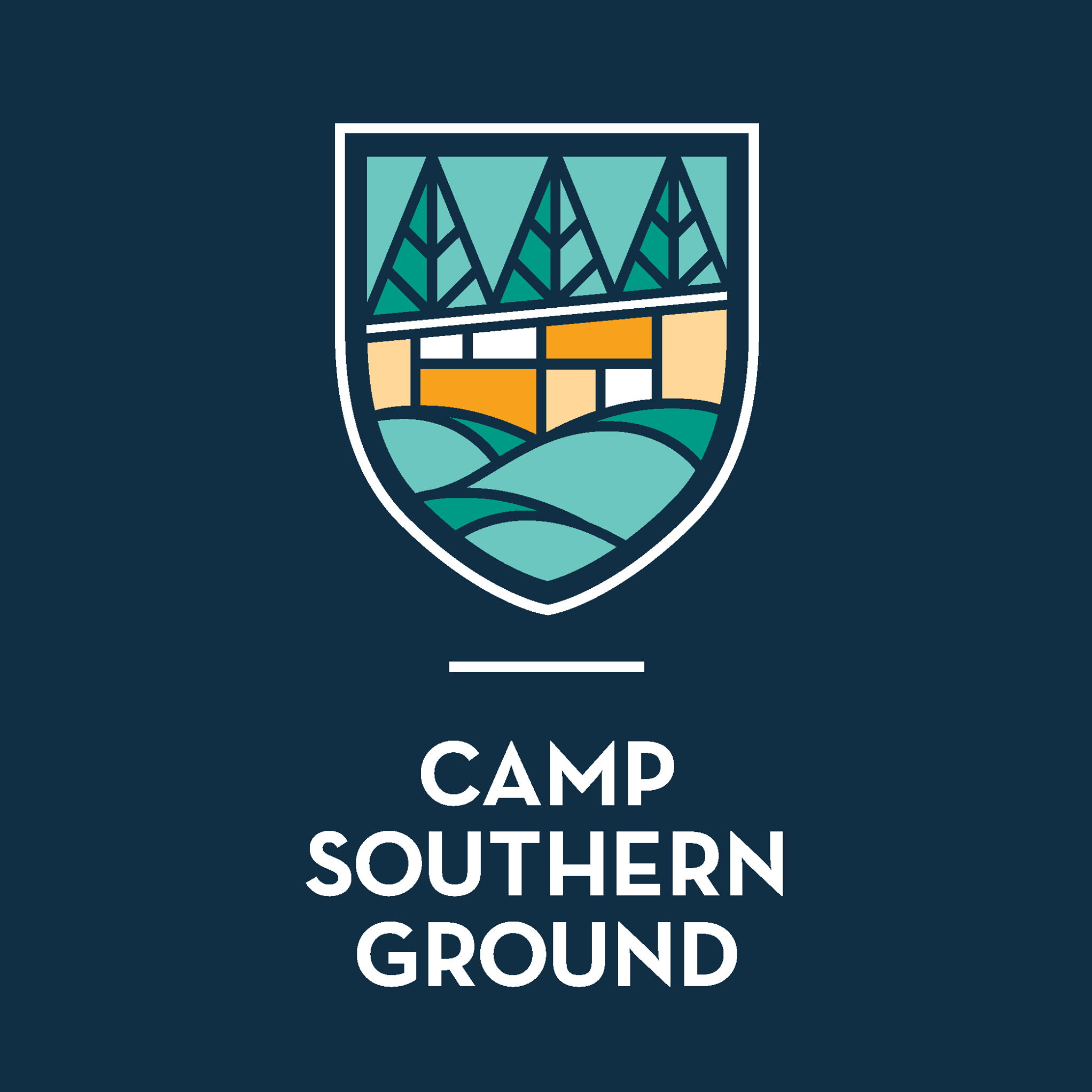 Stylized emblem featuring mountains, trees, and a landscape, with the text 'Camp Southern Ground' below.