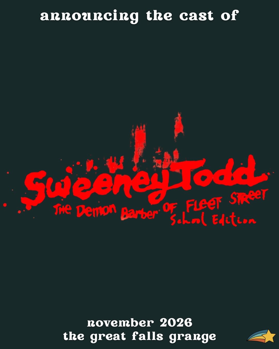 Announcing the cast of Sweeney Todd: School Edition 🥧

Catch this fantastic cast from November 13th-16th at the Great Falls Grange