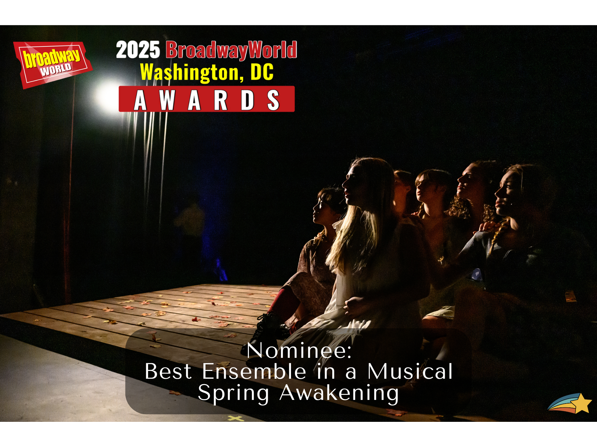 People sitting in the dark, watching a stage performance during the 2025 BroadwayWorld awards in Washington, D.C., with text indicating they are nominees for best ensemble in a musical, Spring Awakening.
