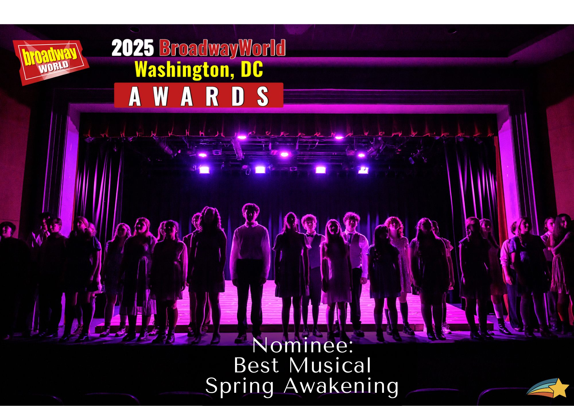 A stage with a cast of performers in silhouette, under purple lighting, with banners indicating the 2025 BroadwayWorld Washington, DC Awards, and a subtitle noting the nomination for Best Musical, Spring Awakening.