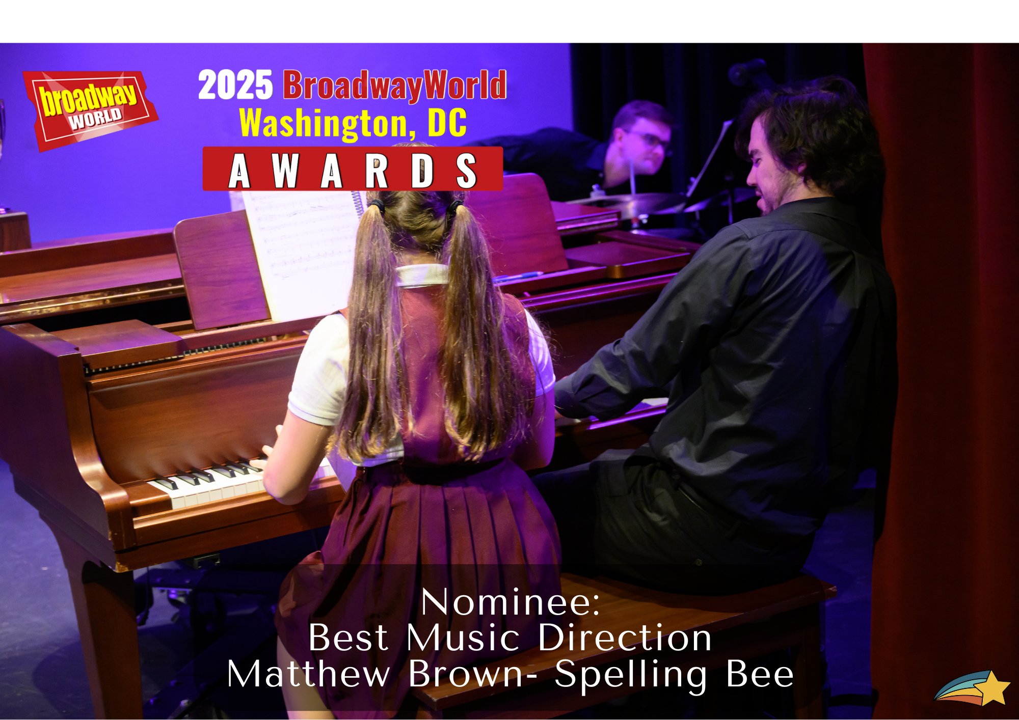 A young girl and an adult man sitting together at a piano during an awards event, with a stage backdrop displaying logos and text for the 2025 BroadwayWorld Washington, DC Awards.
