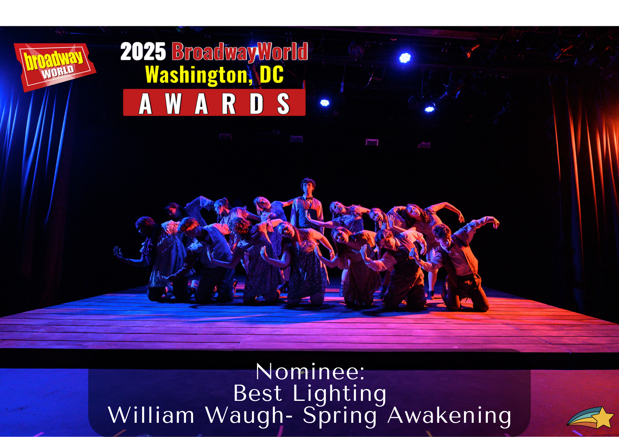 Group of dancers on stage at the 2025 BroadwayWorld Washington, DC Awards, illuminated by stage lighting, with