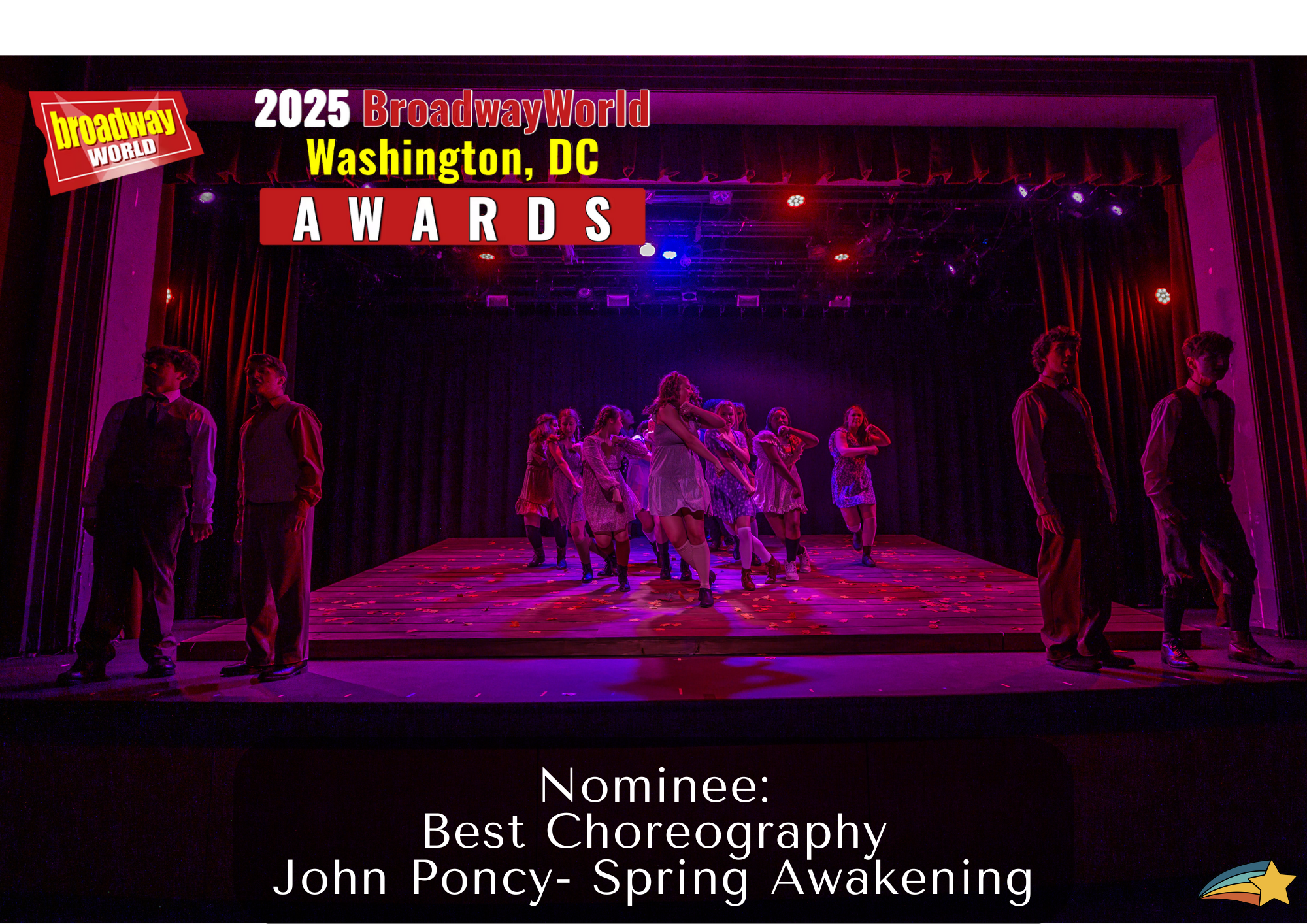 On stage at the 2025 Broadway World Awards in Washington, D.C., a group of young performers in costumes dance under purple and red stage lights. The event banner displays the Awards logo, date, and location at the top of the image. A black overlay at the bottom notes that John Poncey's "Spring Awakening" was nominated for Best Choreography.