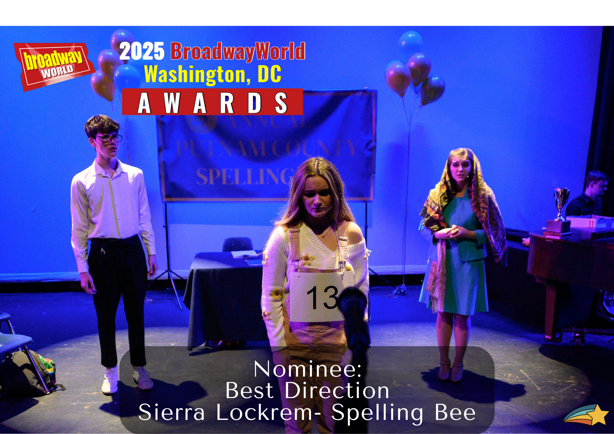 a backdrop that reads 'PUTNAM COUNTY SPELLING.' One girl has a number 13 badge and appears upset, while the others look on curiously. Balloons and a table with trophies are in the background.