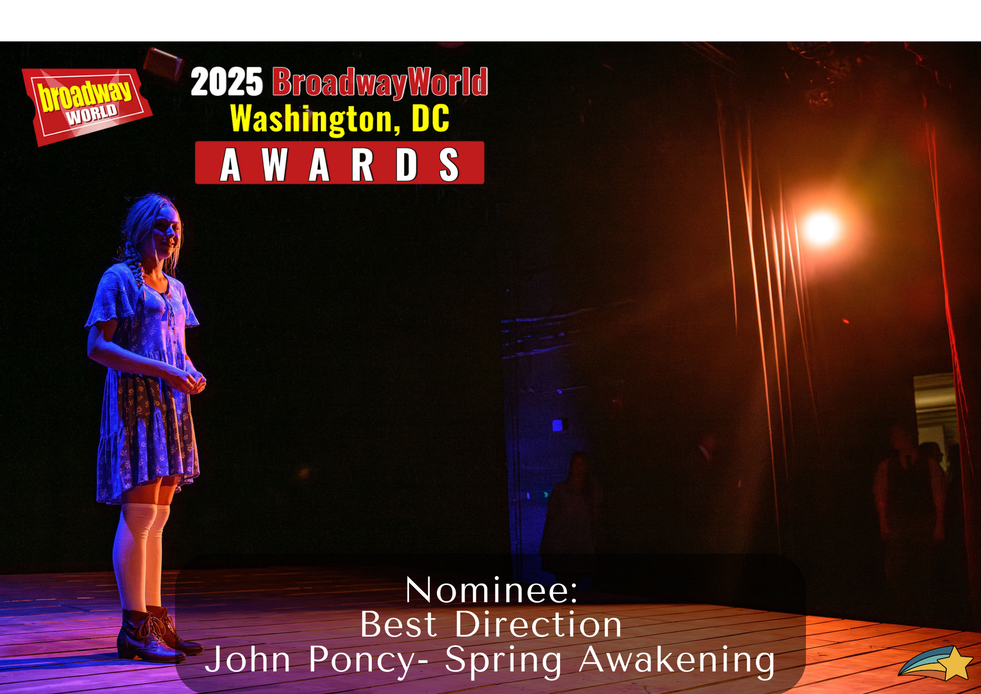 A woman standing on a stage at the 2025 Broadway World Awards in Washington, DC, with stage lights and curtains in the background.