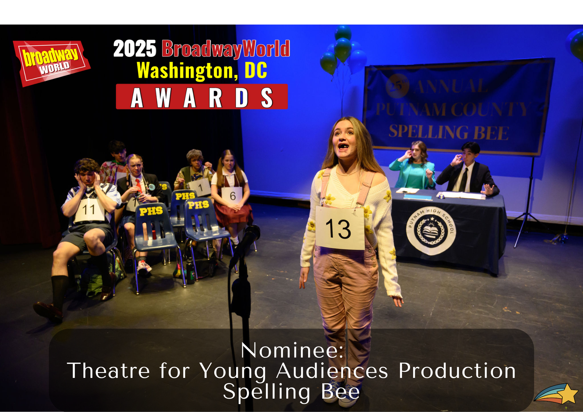 Young actress with number 13 on her chest performing in a musical at the 2025 BroadwayWorld Awards in Washington, D.C., with other participants sitting behind her and organizers at a table in the background.