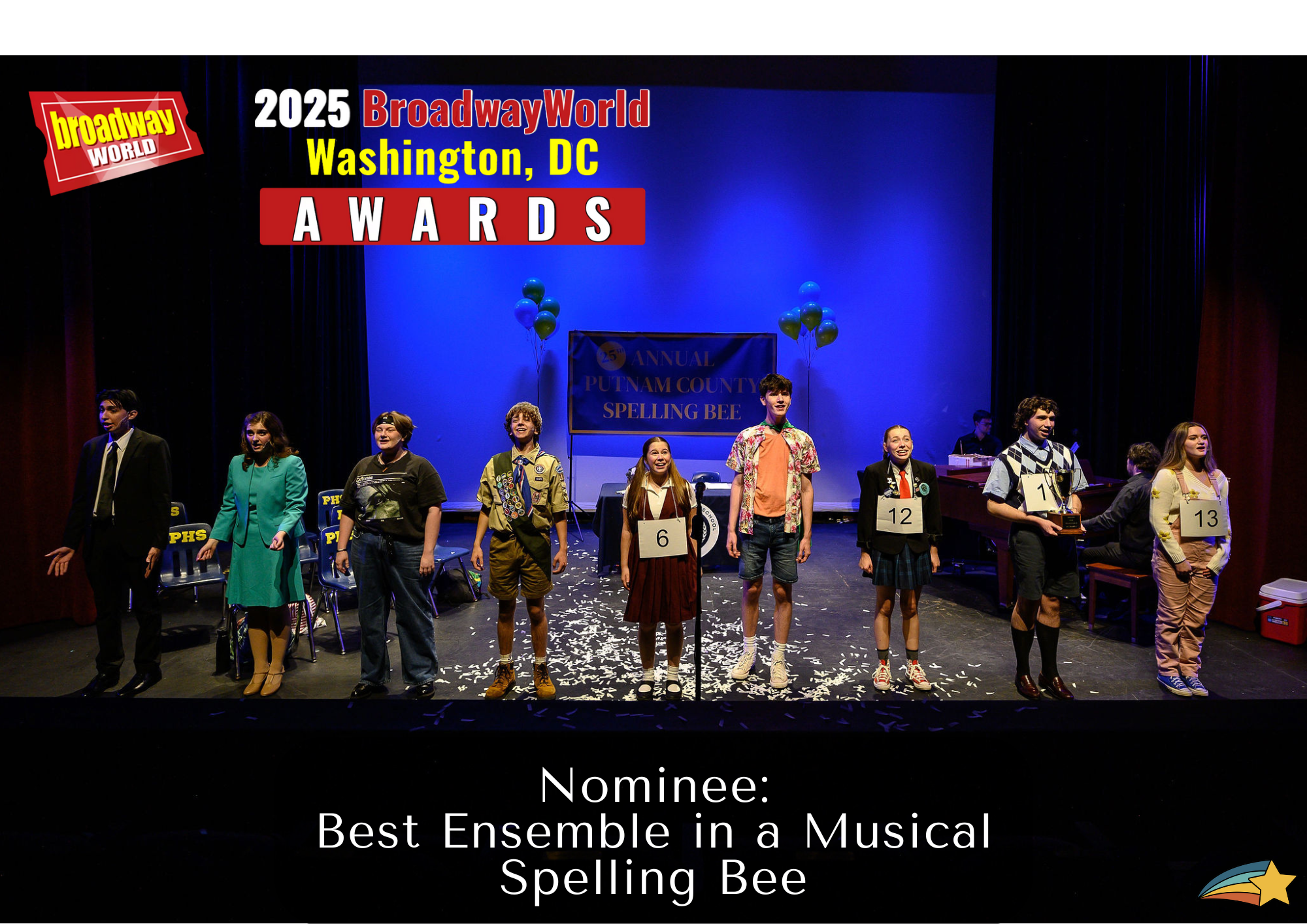 Stage with children dressed as spelling bee contestants at the 2025 BroadwayWorld Washington, DC Awards, with a sign reading "25th Annual Putnam County Spelling Bee" and a backdrop. The screen displays nominations, with a caption "Nominee: Best Ensemble in a Musical Spelling Bee."