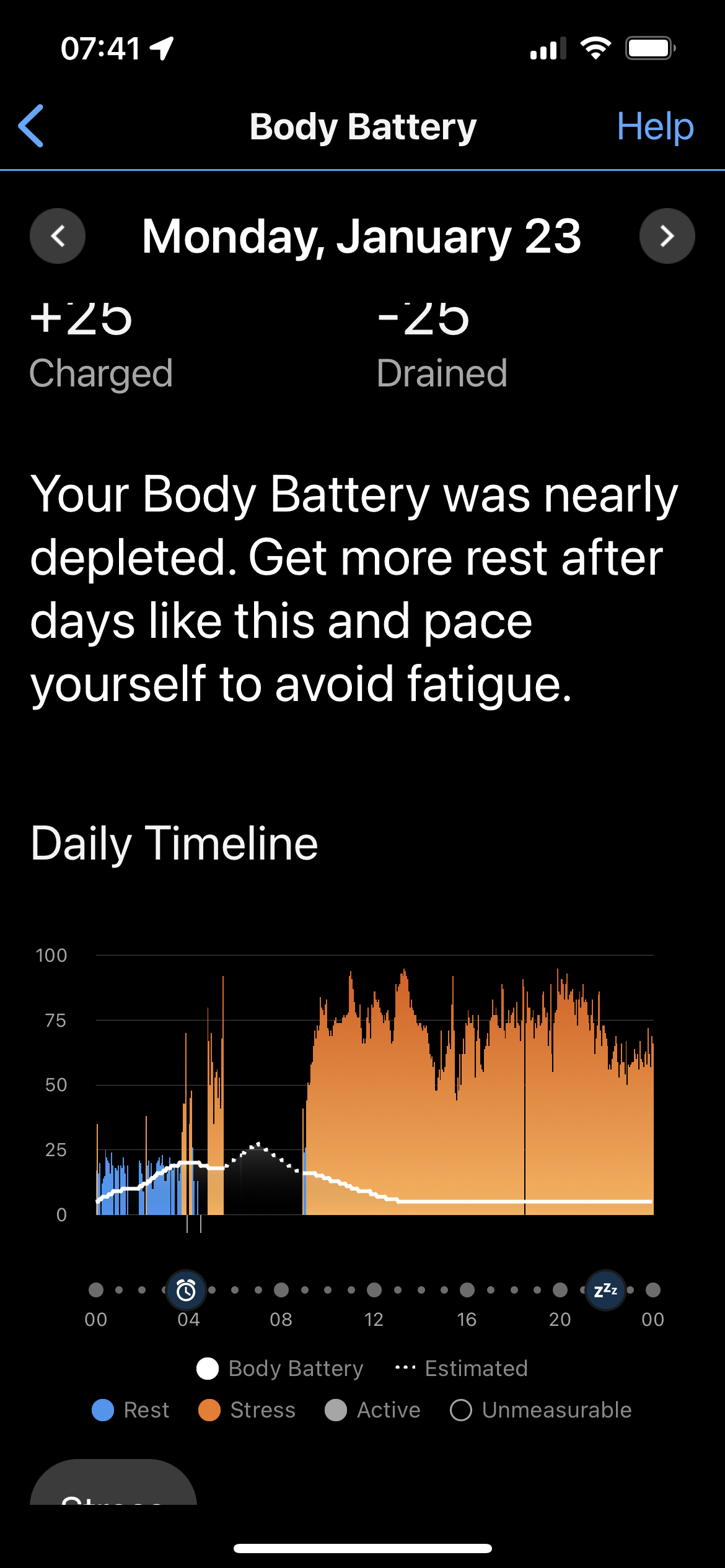 2nd Surgery: if you're familiar with Garmin, then you know their watches can track stress. Here is surgery day. I put my watch back on just after surgery and you can see my body was stressed out! 