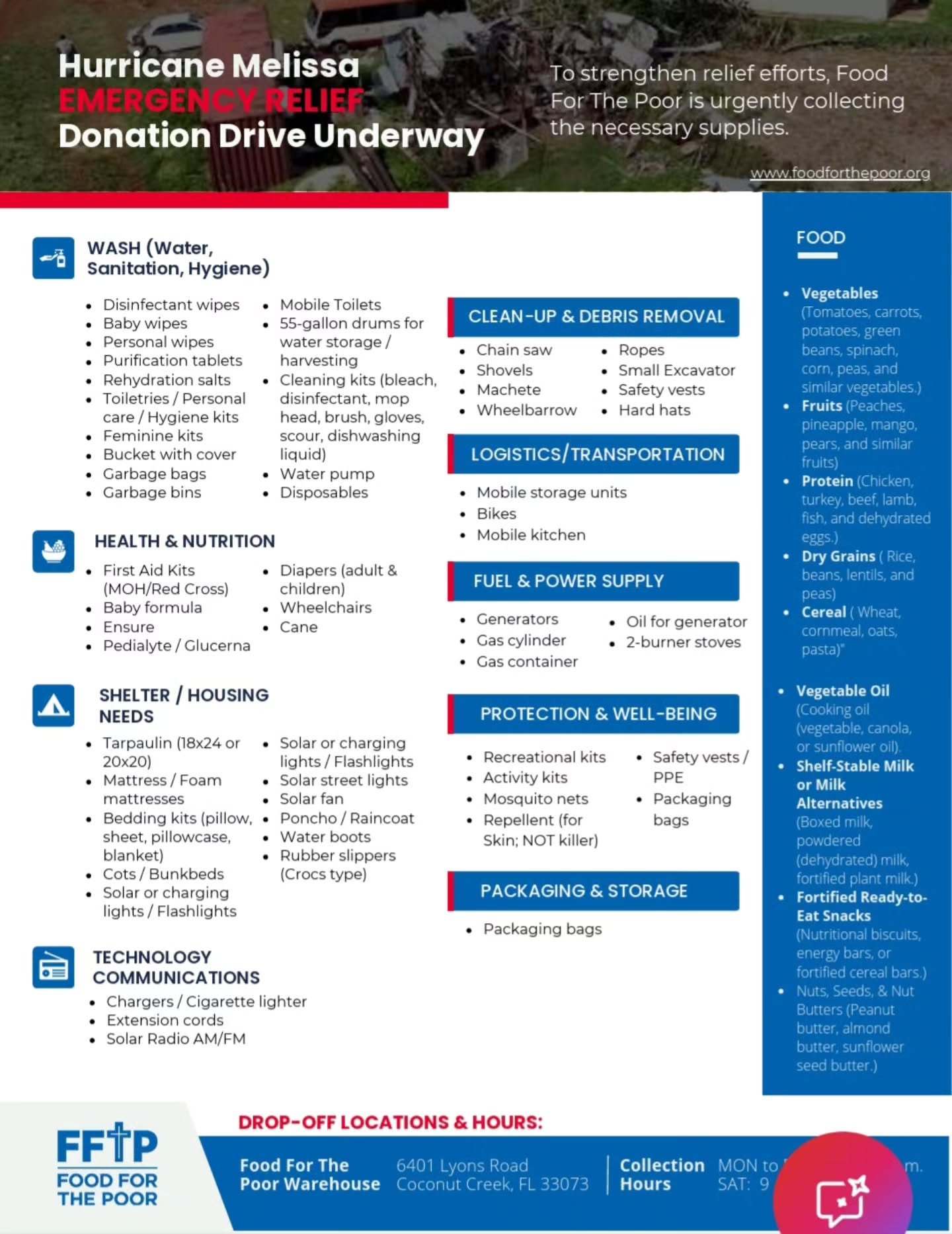 🇯🇲🚨 Hurricane Melissa Emergency Relief Drive 🚨🇯🇲
We&rsquo;re collecting urgent supplies to support families in Jamaica devastated by Hurricane Melissa.
I have a trusted connection in Kingston who will ensure these items reach the most affected 