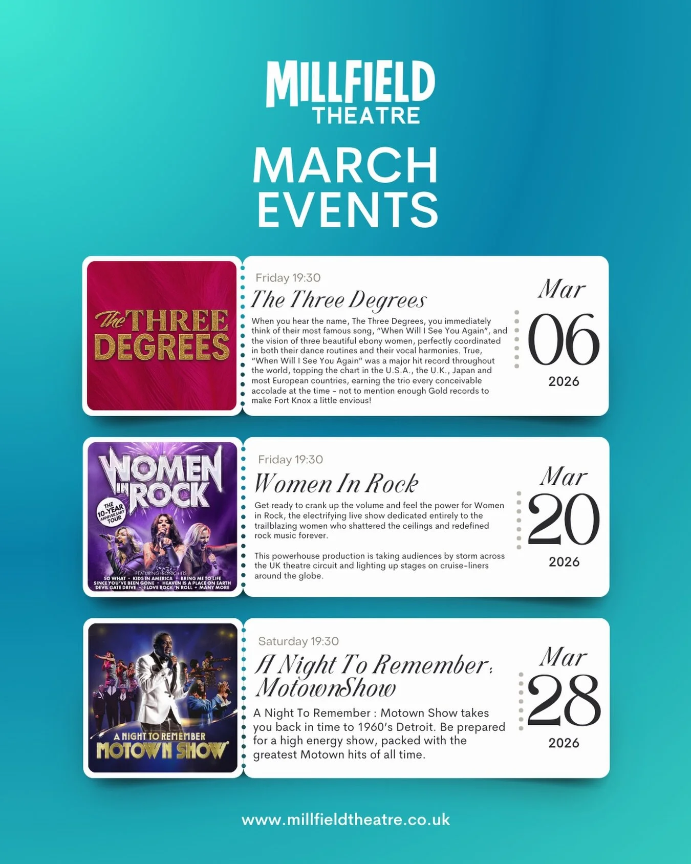 What&rsquo;s on at @millfieldtheatre this March? 🪩💐

Just three incredible shows and events you won&rsquo;t want to miss this March!

Grab your tickets now 🎟️
Link in bio 👆

We can&rsquo;t wait to see you there!

#millfieldtheatre #millfieldmotiv