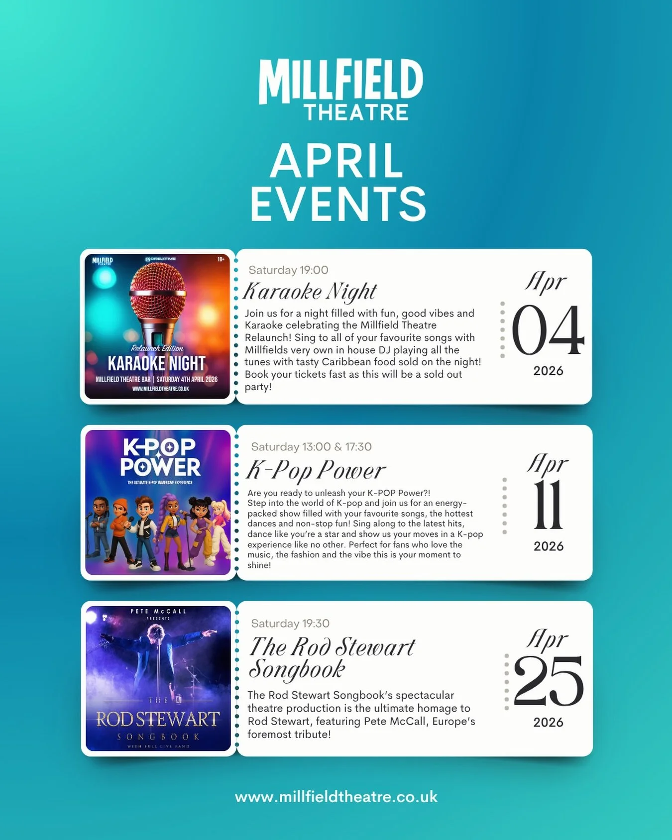 What&rsquo;s on at @millfieldtheatre this April? 🪩🎶

Just three incredible shows and events you won&rsquo;t want to miss this April!

Grab your tickets now 🎟️
Link in bio 👆

We can&rsquo;t wait to see you there!

#millfieldtheatre #millfieldmotiv