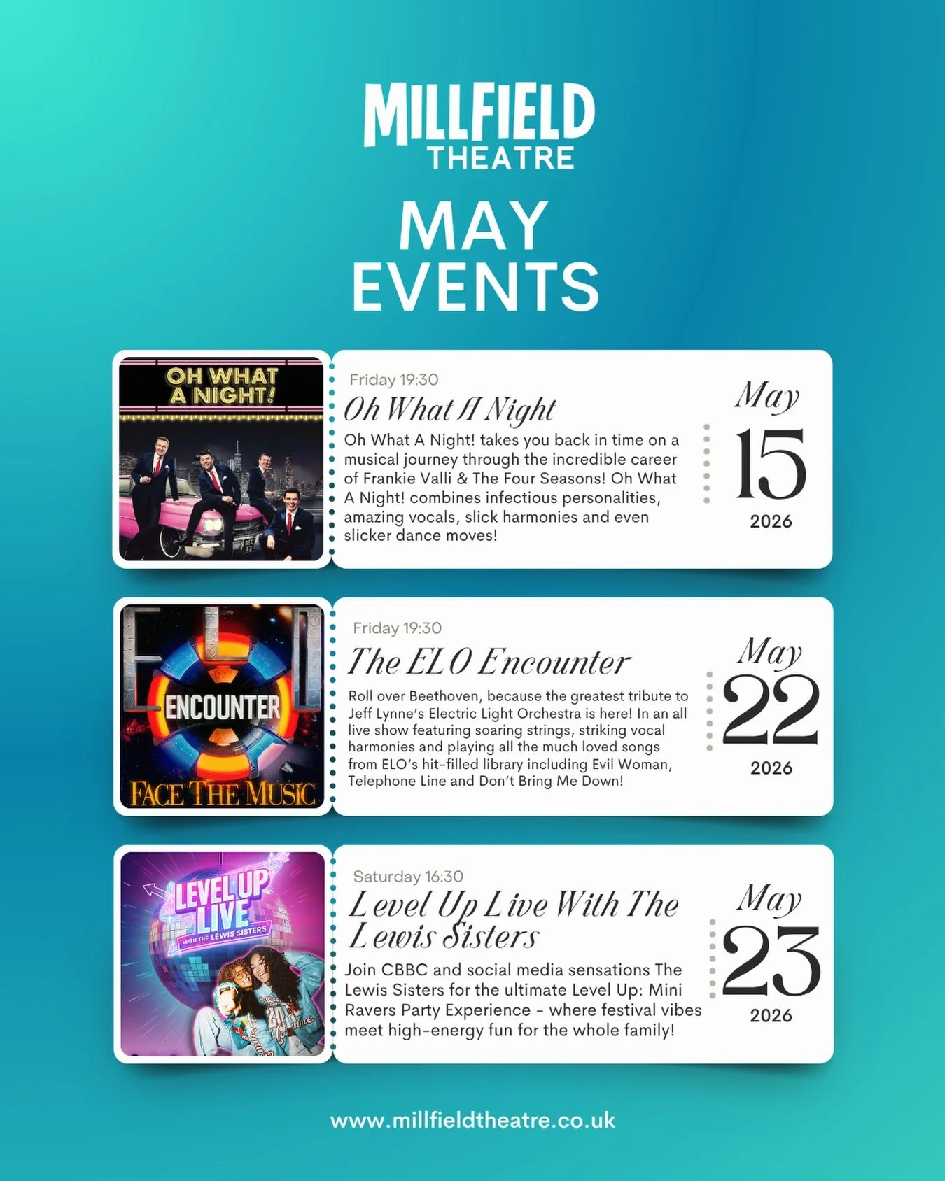 What&rsquo;s on at @millfieldtheatre this May?! 🥳🪩🎶

Just three incredible shows and events you won&rsquo;t want to miss this May! More to come.. 

Grab your tickets now 🎟️
Link in bio 👆

We can&rsquo;t wait to see you there!

#millfieldtheatre 
