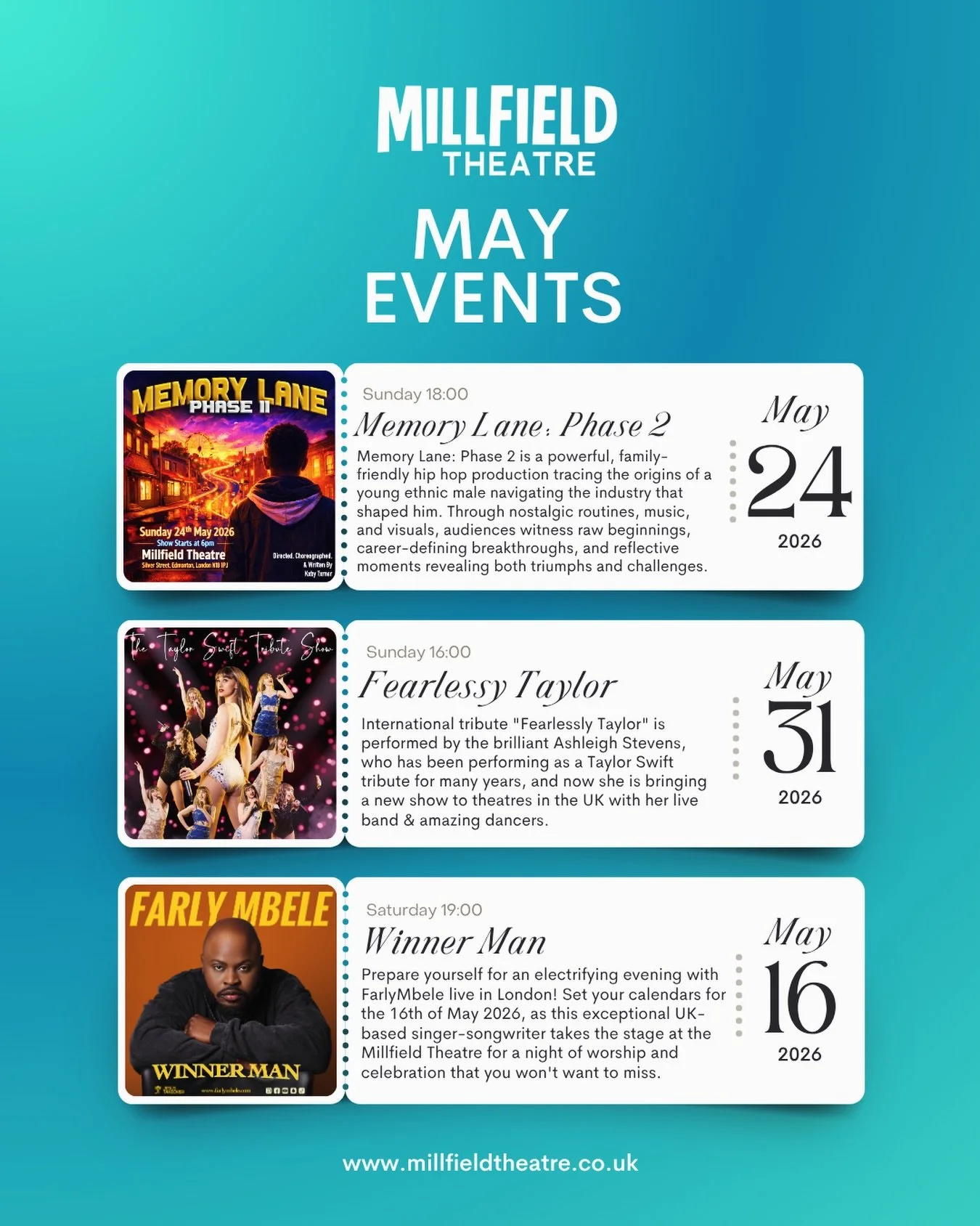 Check out three more shows &amp; events we&rsquo;ve got coming your way this May!! 🪩✨

Grab your tickets now🎟️
www.millfieldtheatre.co.uk

Link in bio 🔗

#millfieldtheatre #millfieldmotives #octoberevents #octobershows #blackhistorymonth upcominge