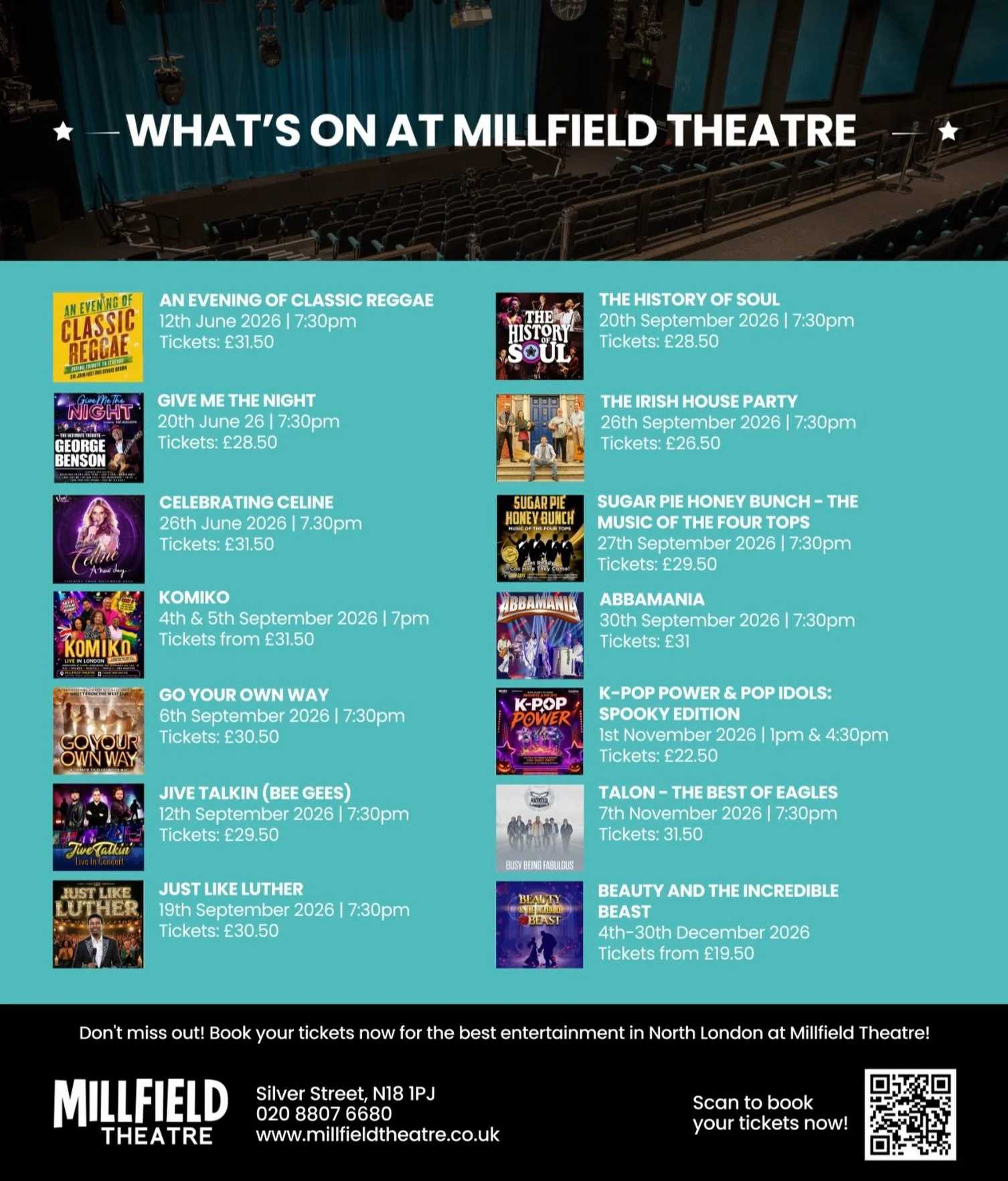 2026 at The Millfield Theatre 🤩🎶✨ Get ready for an incredible year of entertainment in North London! From spectacular tribute shows and laugh-out-loud comedy to K-pop, soul, live music, Talon, and a magical pantomime to round off the year in style 