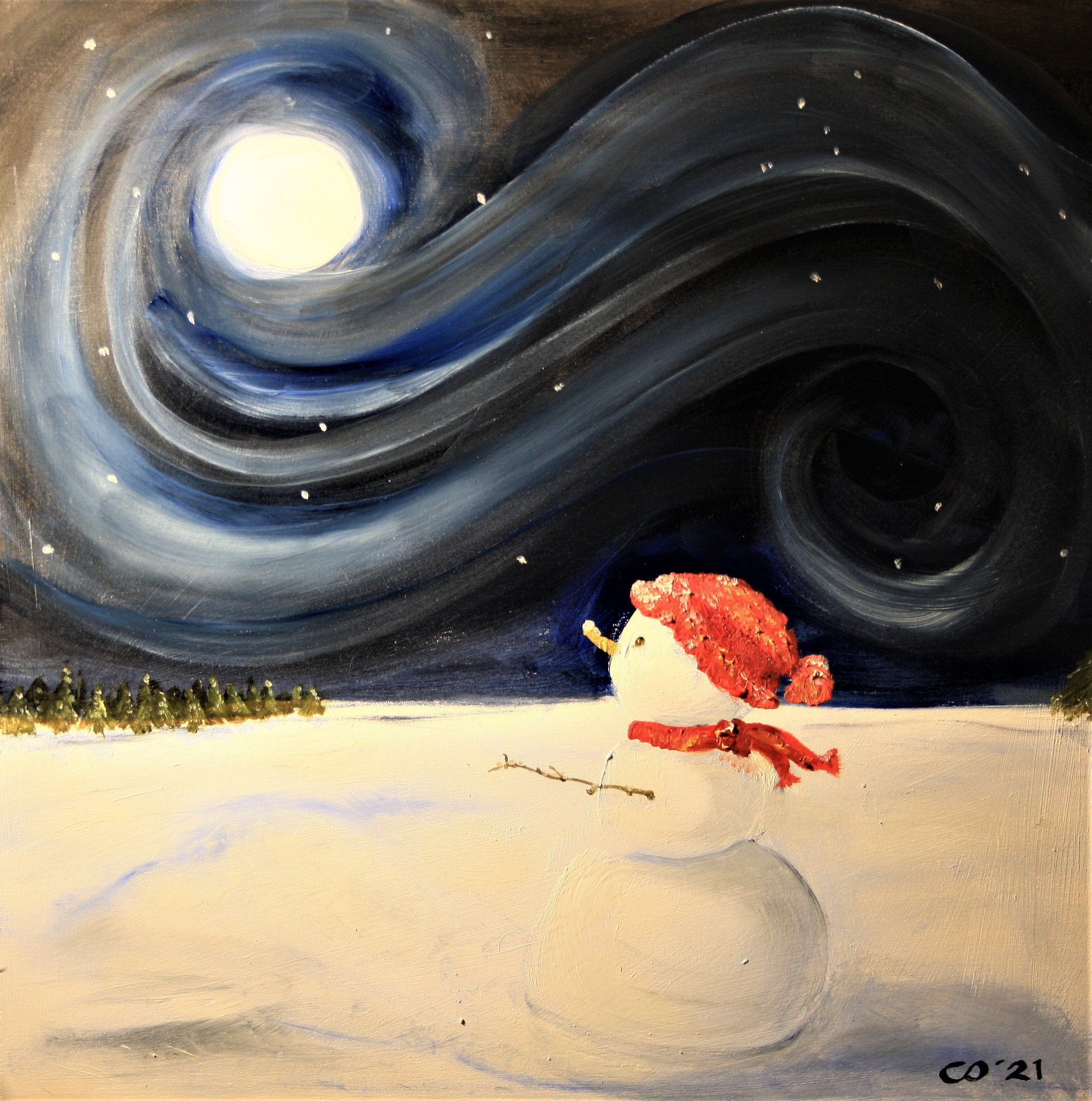 Snowman - oil on wood
