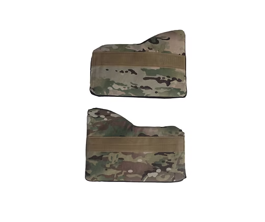 Two camouflage-patterned armor pouches, one above the other, with tan zippers. Triangular side armor with increased protective area.