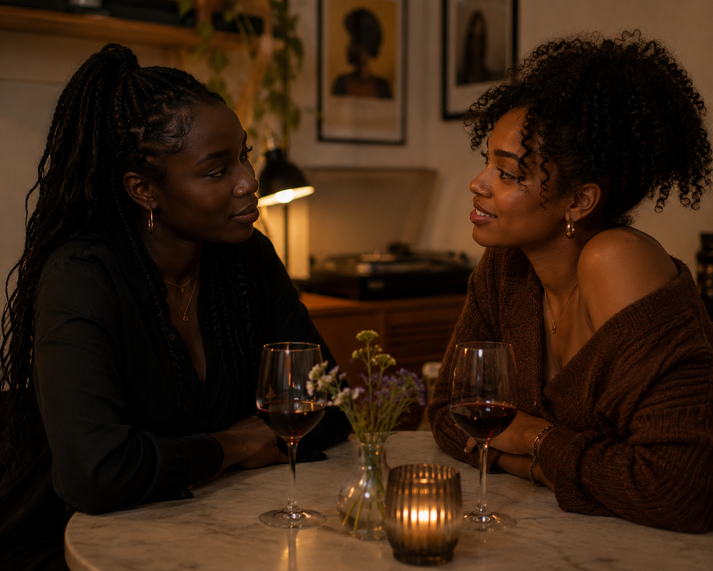 Two black women, mid-conversation at a small table, one leaning in slightly, faces open. Warm, honest, unforced.