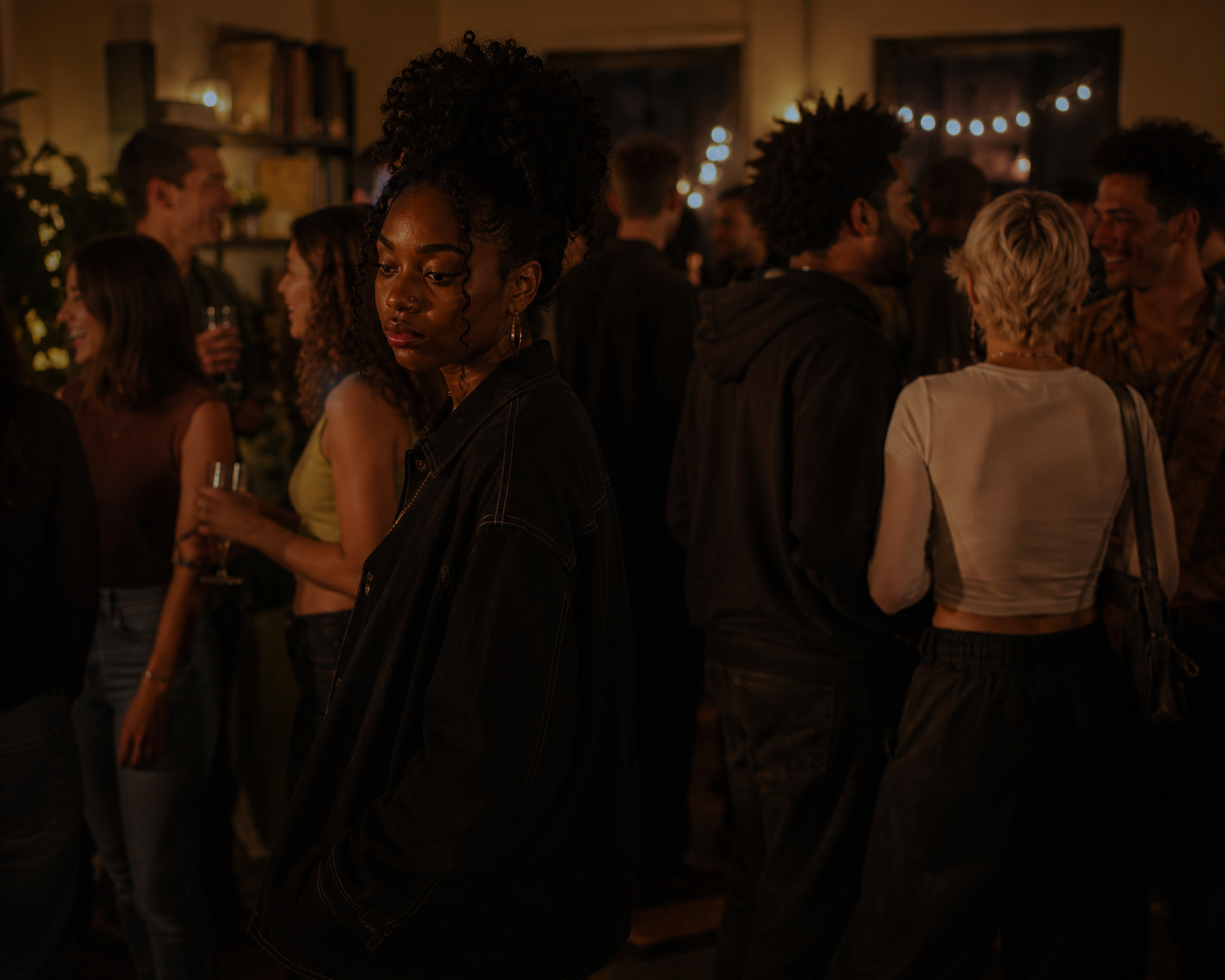 A Black woman standing in a crowded room, slightly turned away, present but separate. Warm light on everyone but her. Conveys "alone in a full room."