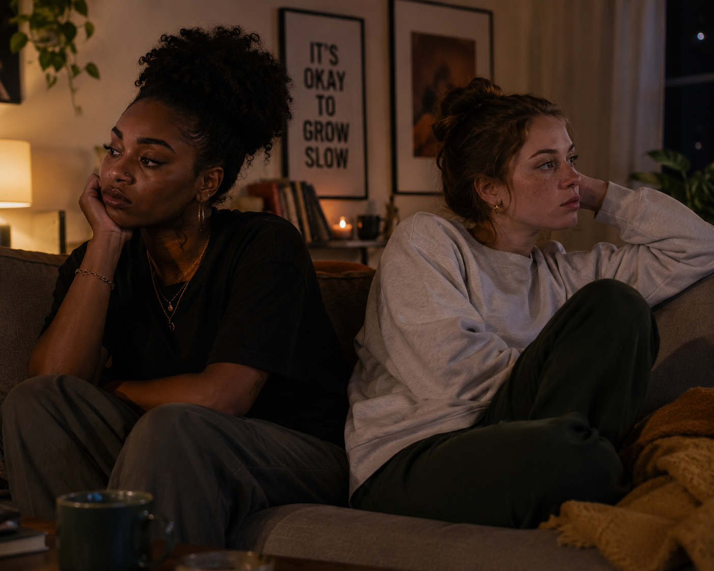 Two women, one black and the other white, sitting together on a couch, physically close but emotionally disconnected, reflecting the loneliness that can exist within relationships.