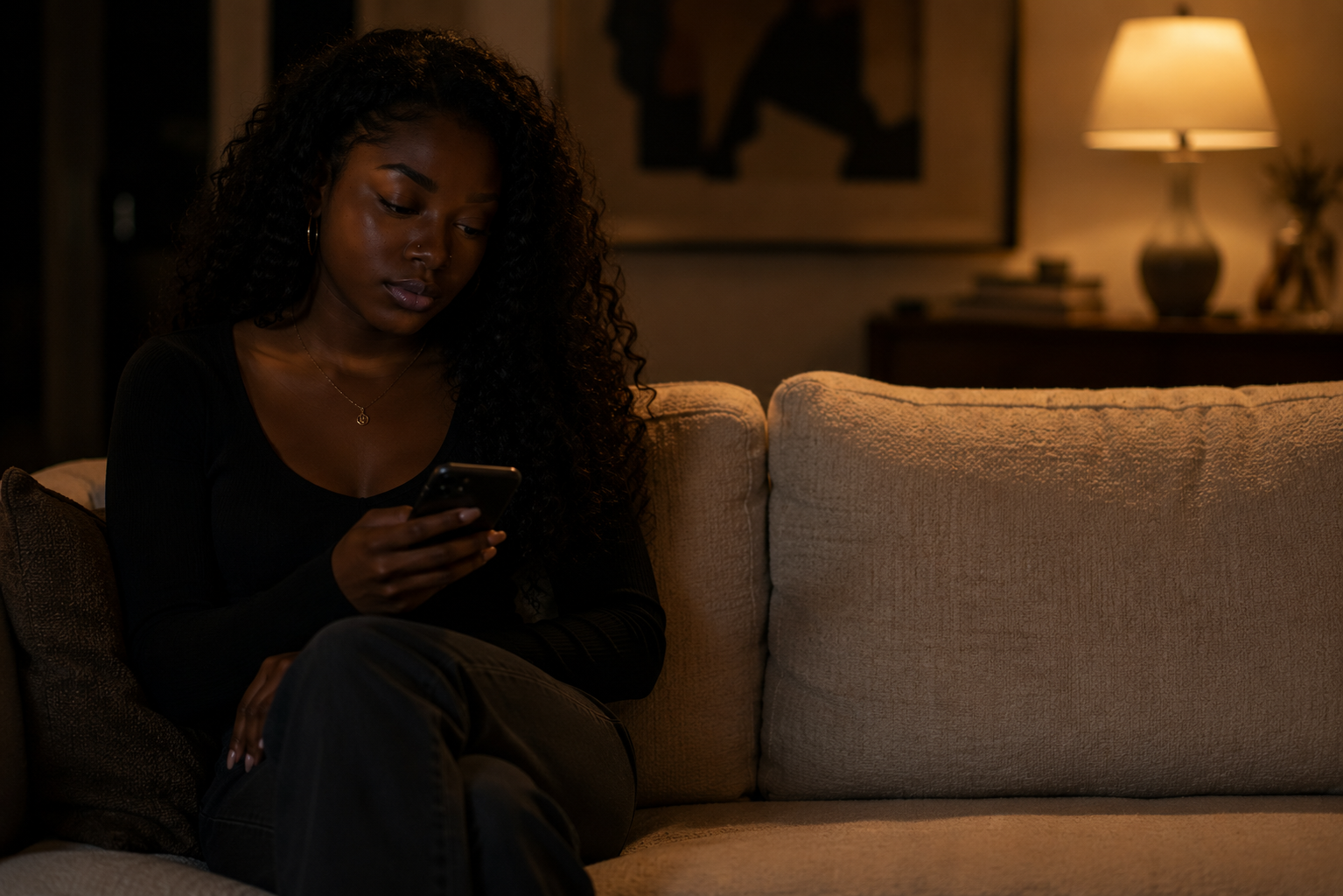 A black woman alone on one end of a couch, phone in hand, the empty cushion beside her in soft focus. Quiet, not dramatic.