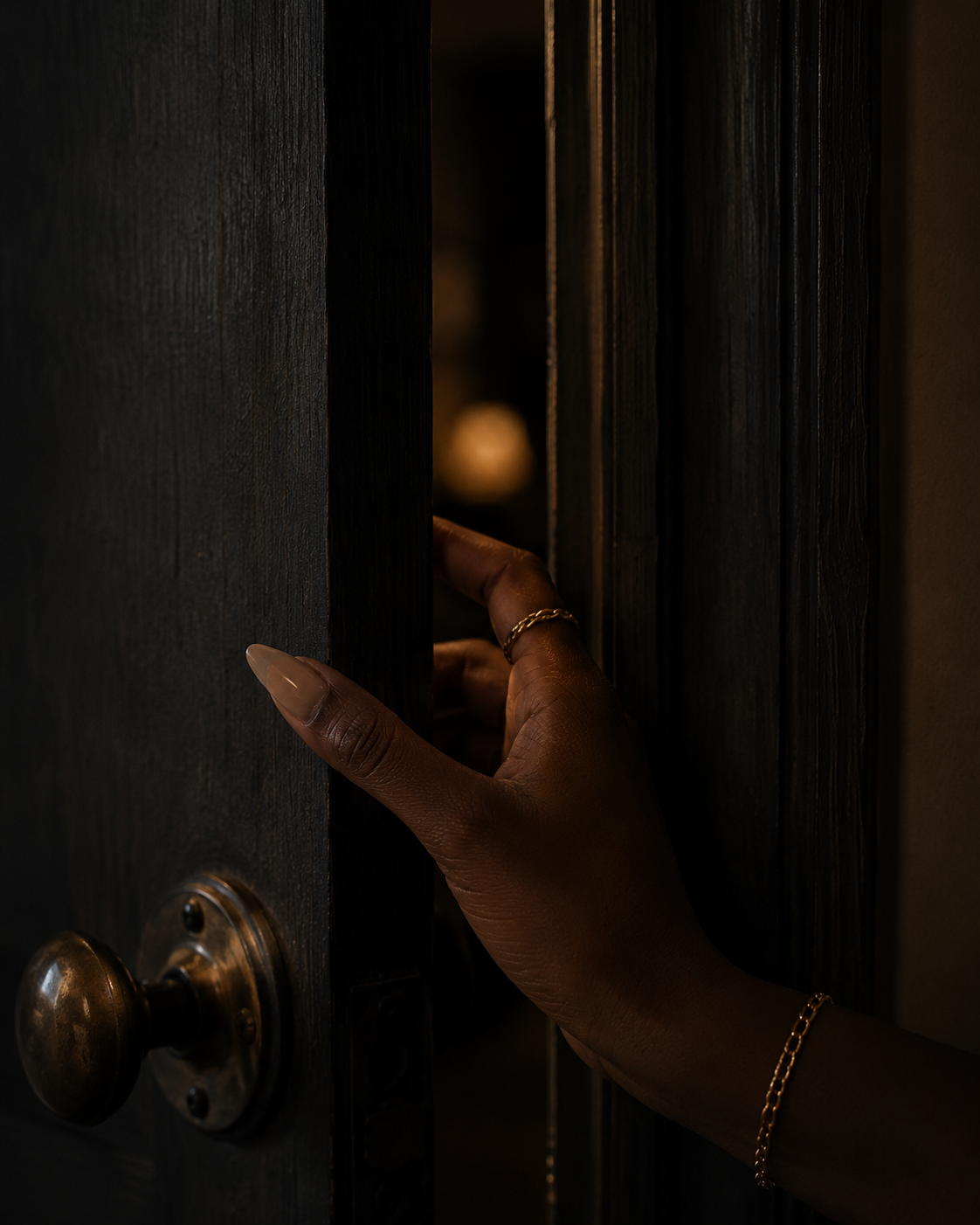 Close-up of a black female hand holding a door barely cracked open, the rest of the room dark behind it. Visual metaphor for guarded access.