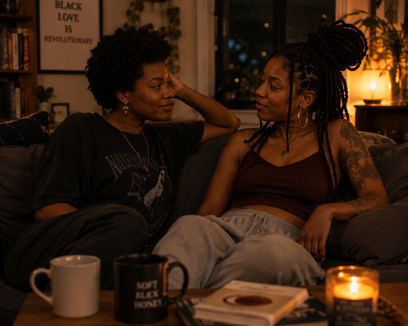 Two Black women, sitting together on the couch, facing each other, sharing an emotionally connected moment, illustrating the closeness that develops through trust, openness, and meaningful communication.
