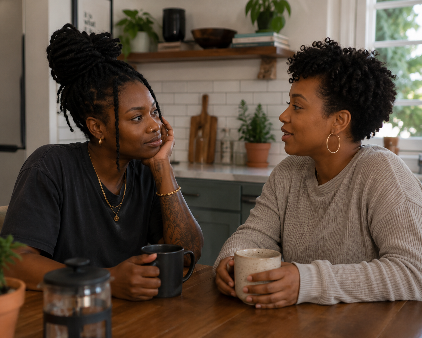 Two Black women having a meaningful conversation at a kitchen table, illustrating emotional connection, intimacy, and active communication in a relationship.