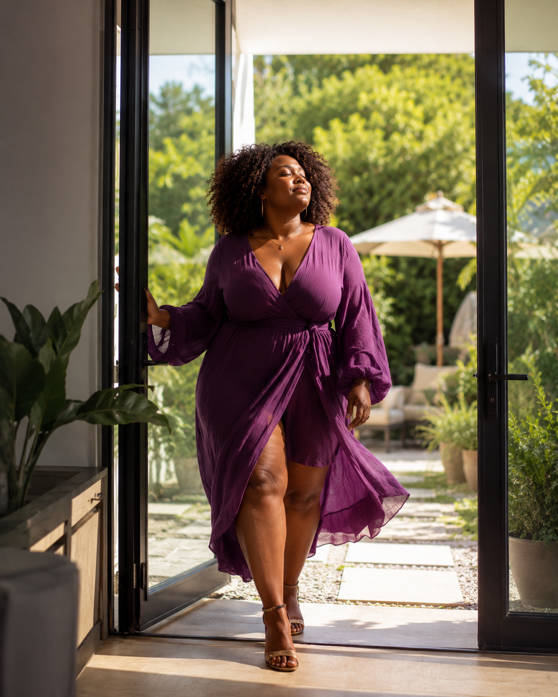 A vibrant image of a black woman walking confidently through an open doorway of a modern house from a softly lit space into bright sunlight, of a backyard symbolizing the freedom and transformation that comes with knowing and accepting herself.