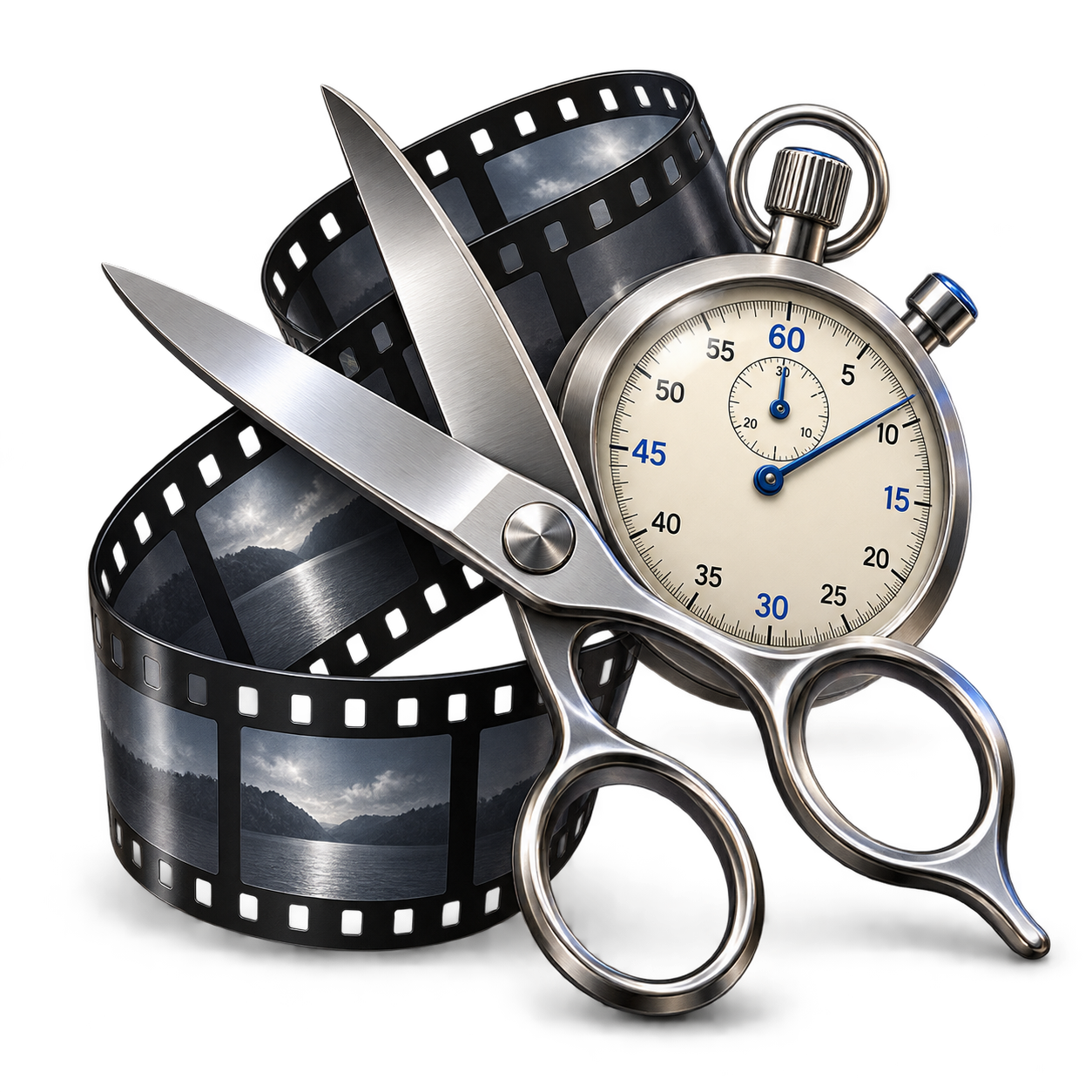 Edimatic: polished scissors, film strip and stopwatch