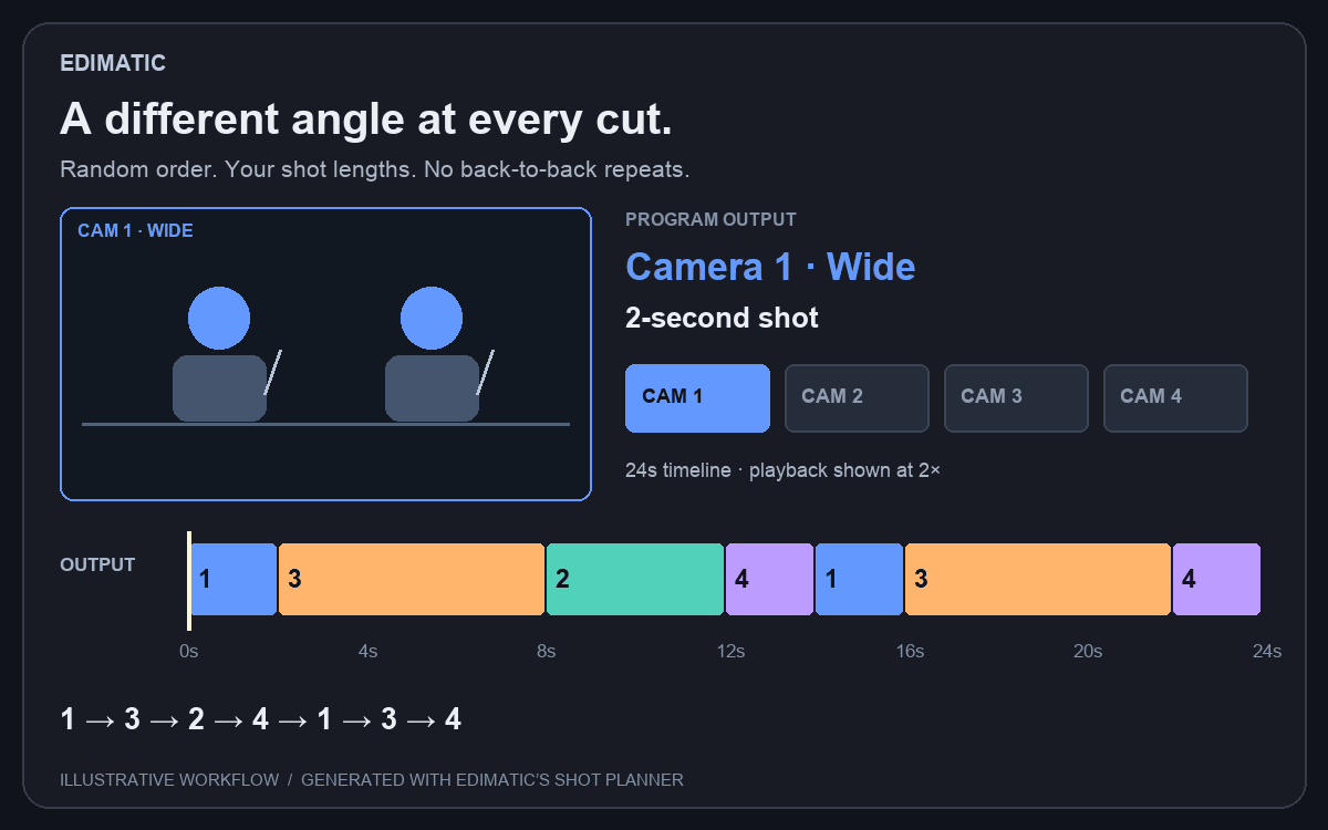 Animated program monitor switching between wide, guest, host and side angles as a playhead follows a 24 second edit