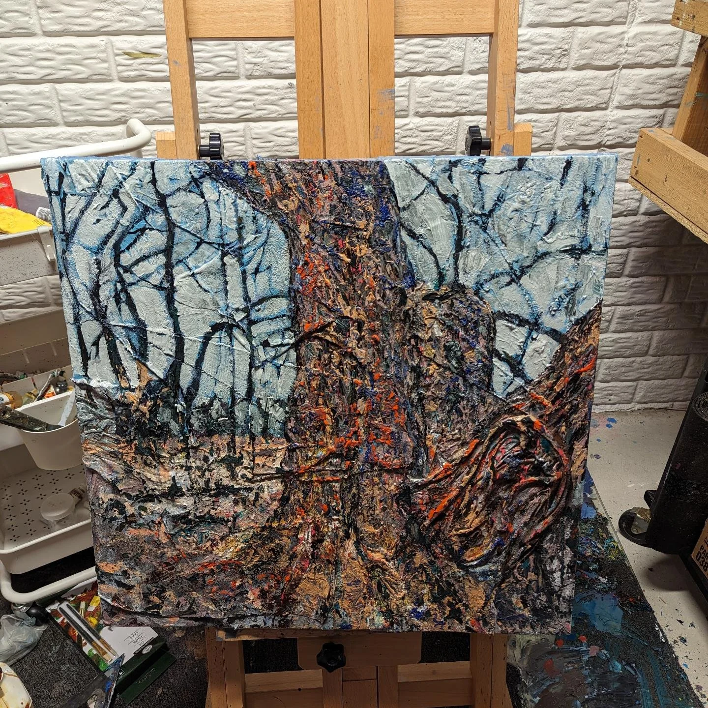 Earlier this year we took the kids on a walk to the nature center in Urbana and I saw this massive and wonderful tree. I snapped a pic, and then I did a lot of cloth underlayment and wrapped on a canvas, and went to town.