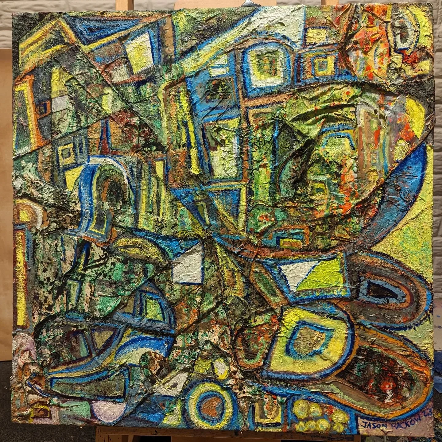 I was thinking of a title for an art show that could be interesting: &quot; I could do that.&quot; I would probably showcase works like this. 

I just put a dark blue outline on some of the shapes to update this one. I think it looks a little better.