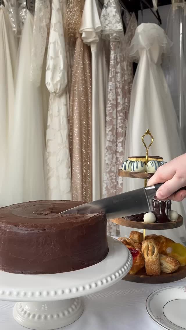 Bridal appointments, but make it delicious 🍫✨
You’ll twirl in dreamy wedding dresses 👗
I’ll serve up chocolate cake with raspberries (because fancy snacks are a must) ☕🍰
And yes… I will eat a slice while you twirl—quality