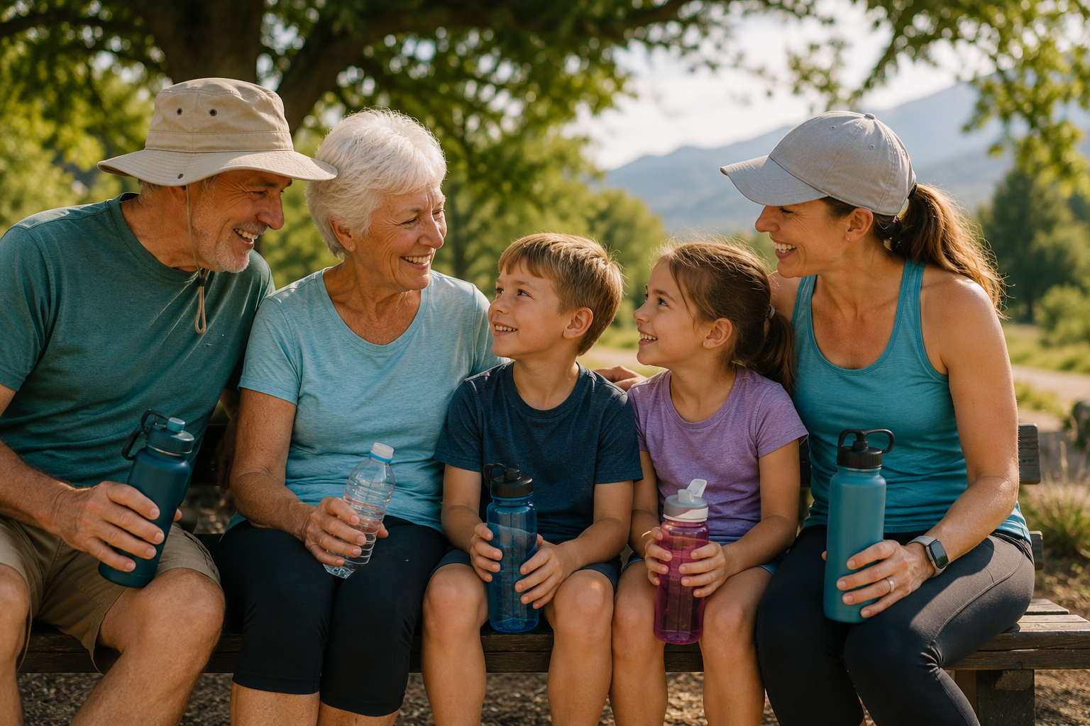 Multi-generational family enjoying time outdoors together while staying hydrated during a warm summer day.