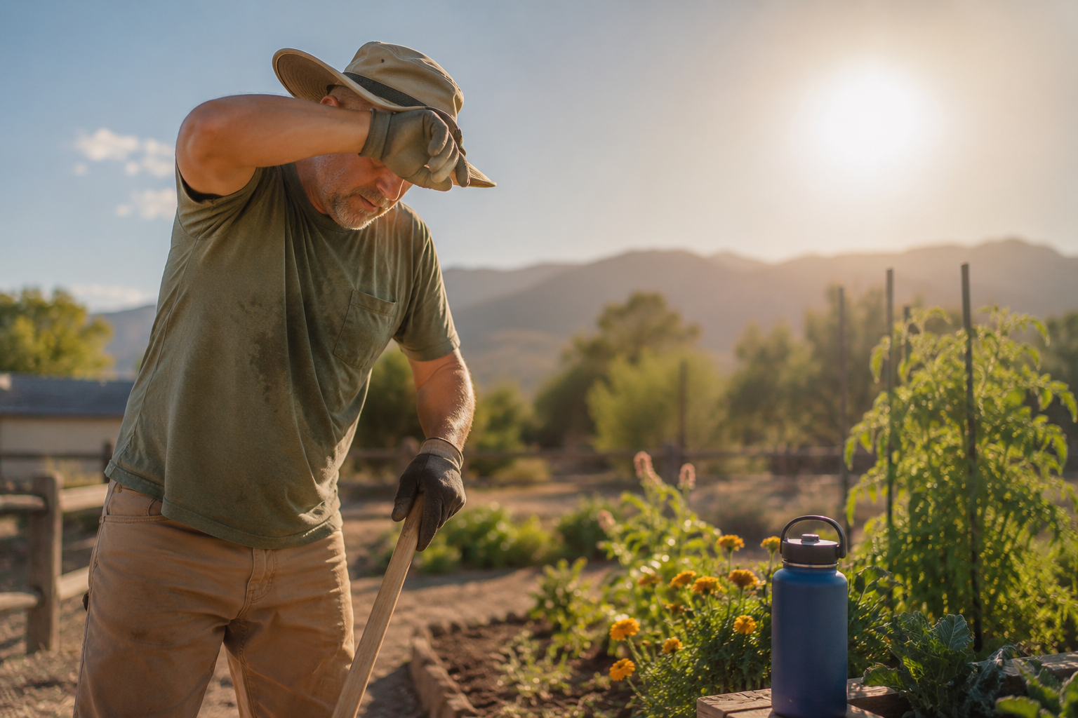 Person working in a garden on a hot summer afternoon, taking a break while gardening in the Colorado sunshine.